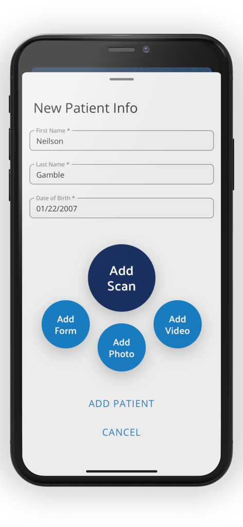 Foot ID app interface for entering new patient info and adding a 3D foot scan