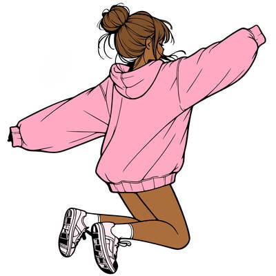realistic girl jumping with a bun and oversized sweatshirt