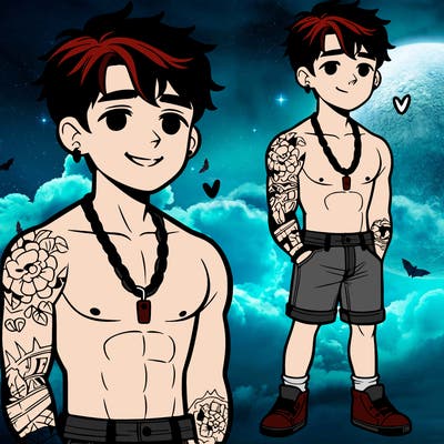 really cute 15 year old boy, short hair, shorts, no shirt, chained necklace, abs, smile, tattoos