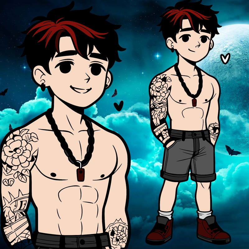 really cute 15 year old boy, short hair, shorts, no shirt, chained necklace, abs, smile, tattoos