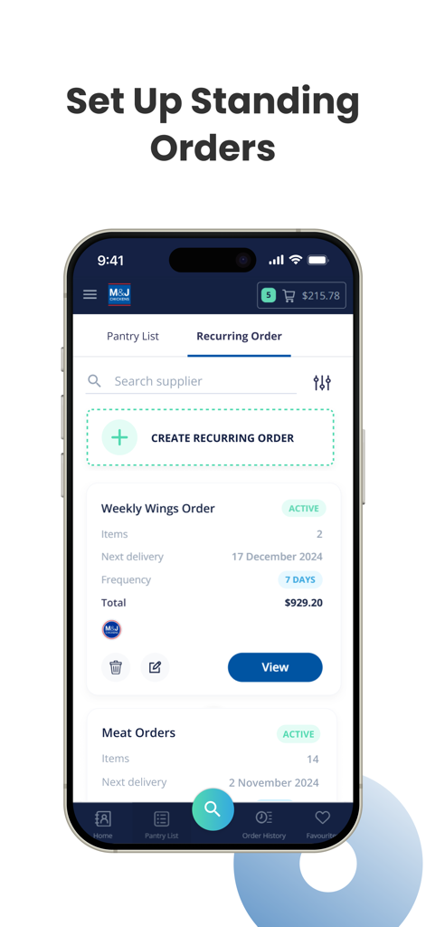 M&J Chickens - Mobile app interface showing the recurring order screen for wholesale poultry with a weekly wings order summary.