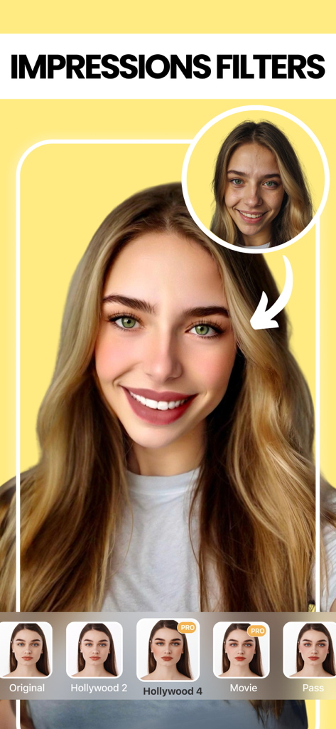 Retouch - AI Face Editor - Comparação antes e depois de um retrato usando filtros de impressão com IA no aplicativo Retouch