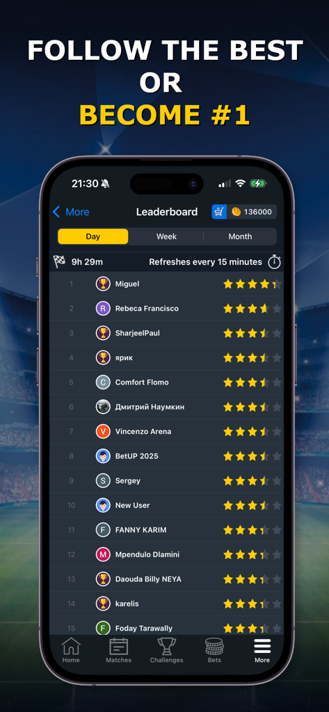 Bet Up - Sports Betting Game - Uma tela de celular mostrando o placar diário de jogadores no jogo de apostas esportivas Bet Up