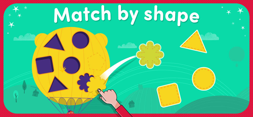 A toddler matching game screen where a child's hand drags a flower shape onto a hot air balloon silhouette
