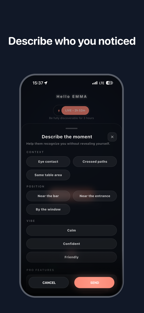 Crush Signals - Interface of Crush Signals app showing options to describe a real life encounter including context and location