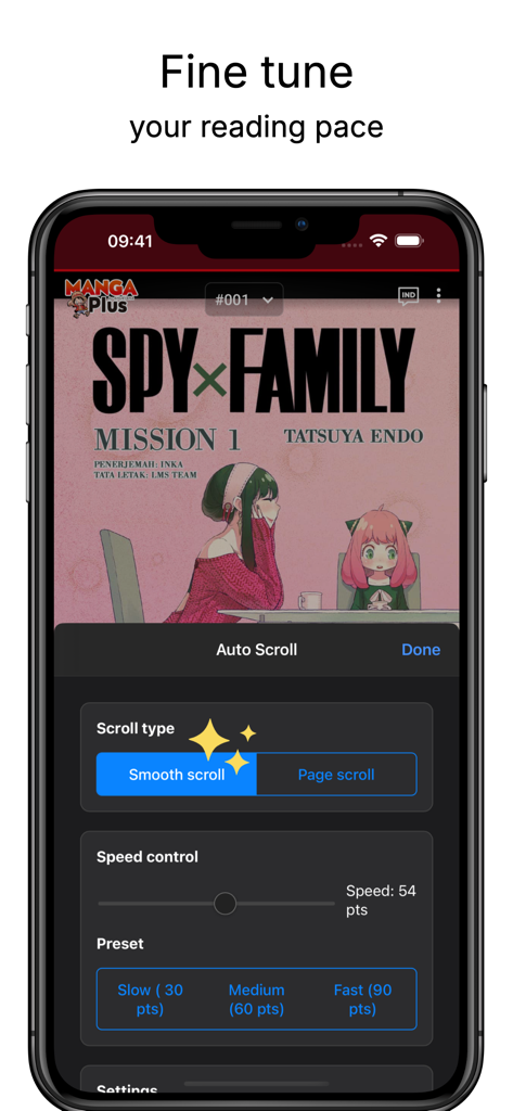 iPhone에서 만화를 읽는 동안 자동 스크롤 속도와 부드러운 스크롤 설정을 보여주는 Glida Safari 확장 프로그램 인터페이스