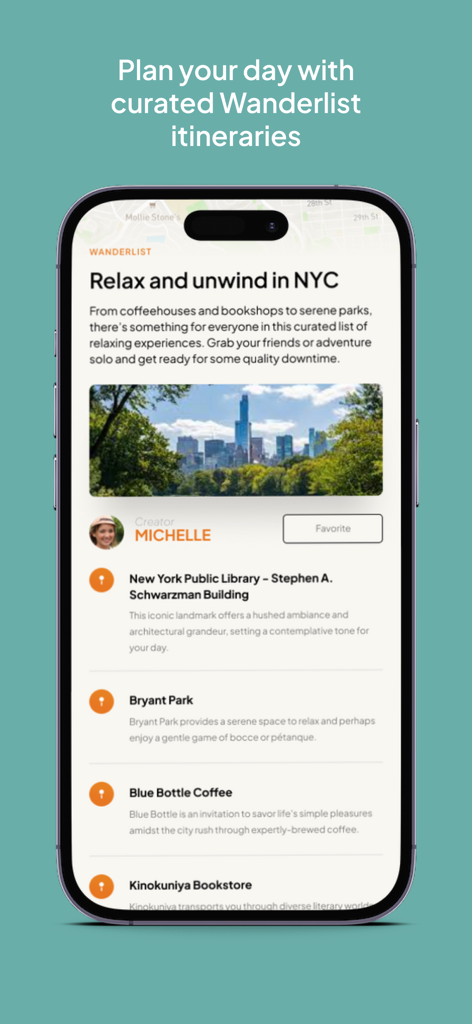 Let's Roam: Scavenger Hunts - Schermata dell'app mobile che mostra un itinerario di viaggio curato Wanderlist per New York City con punti di interesse locali