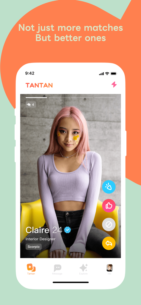 Interfaccia del profilo utente sull'app di incontri Tantan con una scheda di scoperta per una giovane donna di nome Claire