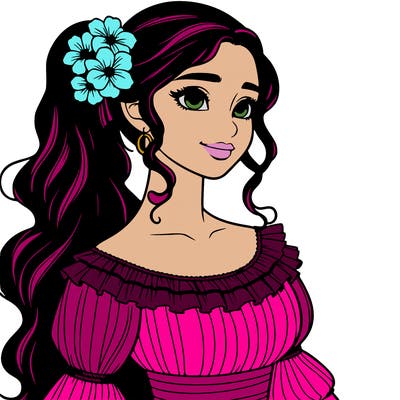 a single latina woman with a side ponytail and a long dress with ruffles. she has a few discreet flowers in her hair. realistic