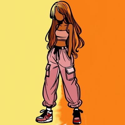girl in baggy pants crop top and long hair