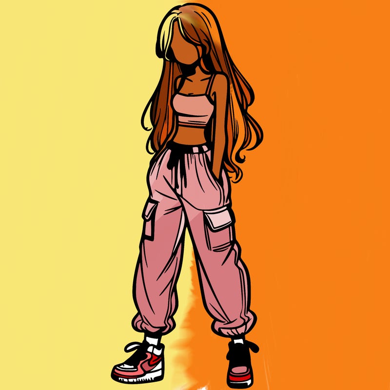 girl in baggy pants crop top and long hair