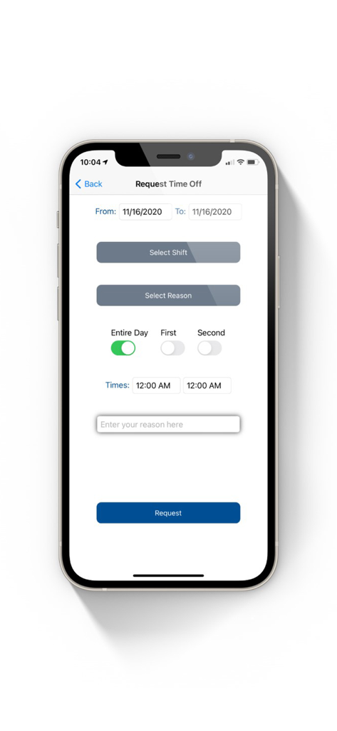 VCS Workforce Management - Request Time Off screen in the VCS Workforce Management app showing date and shift selection