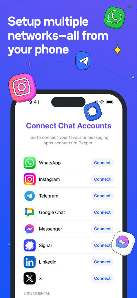Beeper app screen showing a list of chat networks like WhatsApp, Instagram, and Telegram with connect buttons.