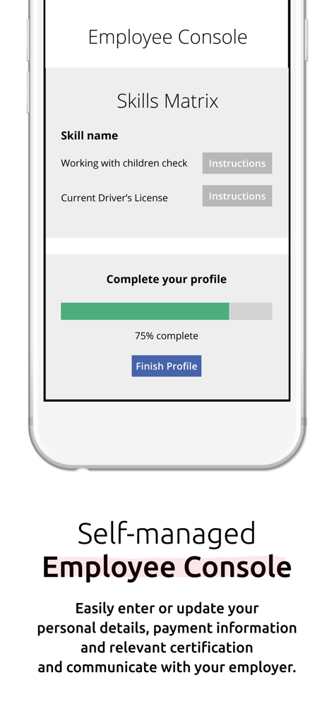 Microkeeper mobile app showing employee console for managing skills certifications and profile completion