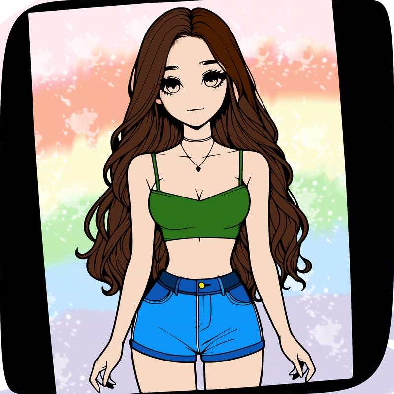 a realistic girl with long hair and in a crop top and shprts
