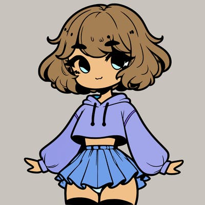 cute femboy with short, fluffy hair that softly frames their face, wearing a cropped hoodie, paired with a flouncy short skirt, and thigh-high stockings