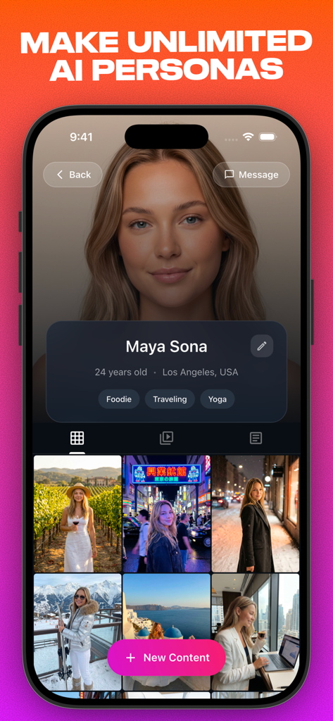 Mysona: AI Influencer Creator - Mobile app interface showing the creation of a realistic AI influencer persona with a lifestyle photo gallery.