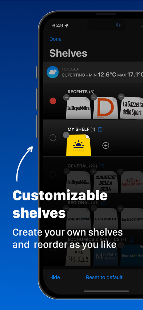Italian Newspapers - A mobile interface of the Italian Newspapers app showing customizable shelves for organizing various news publications and magazines.