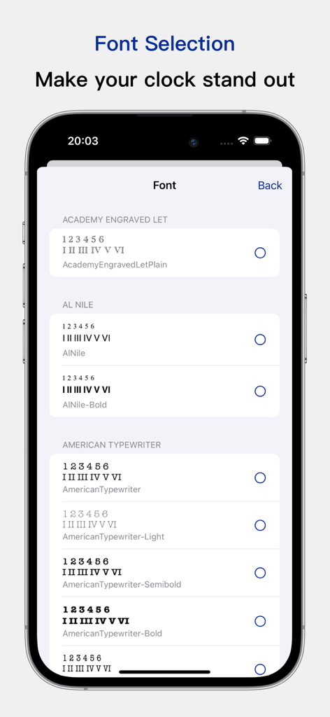 Une liste de différents styles de polices disponibles pour personnaliser les widgets d'horloge dans l'application MyClock.