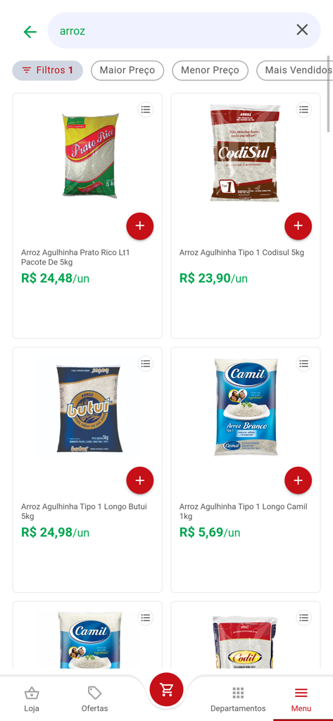 Villefort Entrega - Una página de resultados de búsqueda de arroz en la aplicación móvil Villefort Entrega que muestra diferentes marcas y precios.