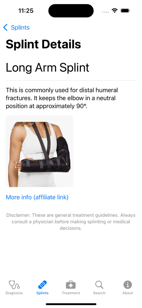 Pantalla de la aplicación Hand Therapy Rx que muestra información detallada y una imagen de una férula de brazo largo para fracturas humerales distales.