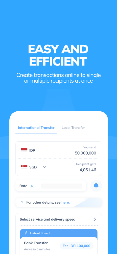 Topremit: Money Transfer - Topremit mobile app screen showing a currency conversion from Indonesian Rupiah to Singapore Dollars for an international money transfer.