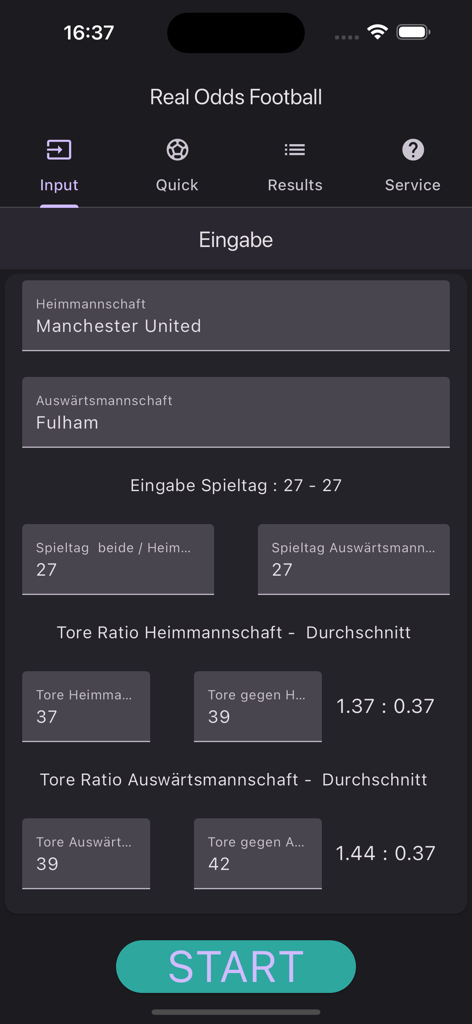 Pantalla de entrada de datos de la aplicación Real Odds Football para el análisis estadístico de partidos de fútbol