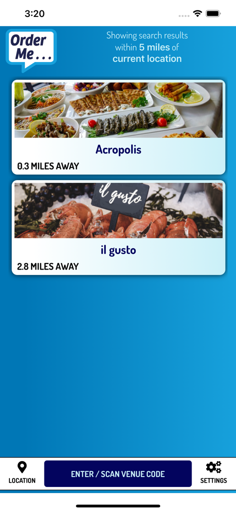 Order-Me - Order-Me mobile app screen showing a list of nearby restaurants and their distances from the user