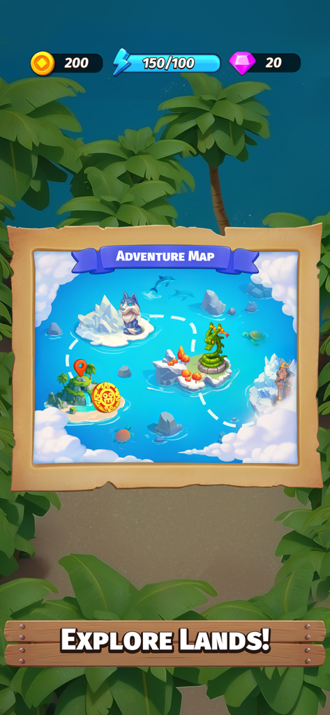 An adventure map interface in Legendale showing various fantasy islands to explore with different statues and environments.