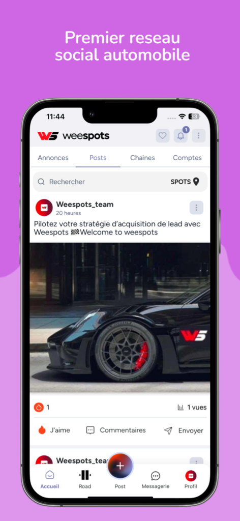 Interfaz de la aplicación móvil Weespots que muestra un feed de red social de coches con una imagen de coche deportivo