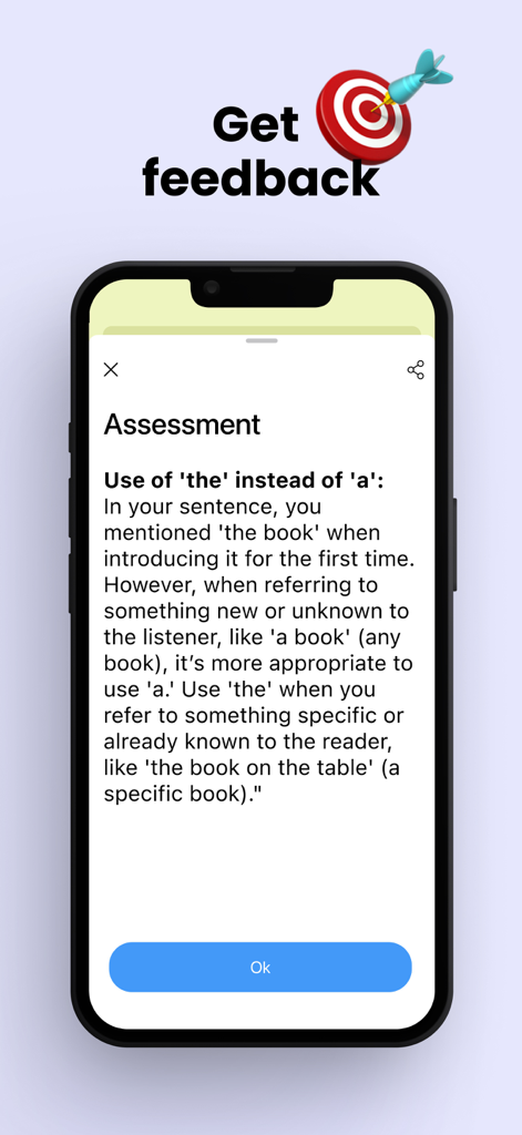 Learn English with AI - Smartphone displaying grammar feedback on English articles from an AI learning app