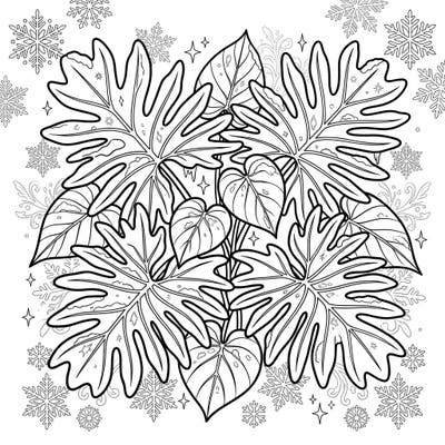 Unleash your creativity with this beautiful Philodendron leaf coloring page, adorned with a touch of winter magic. Discover intricate leaf patterns nestled among delicate snowflakes, ready for your colorful interpretation.