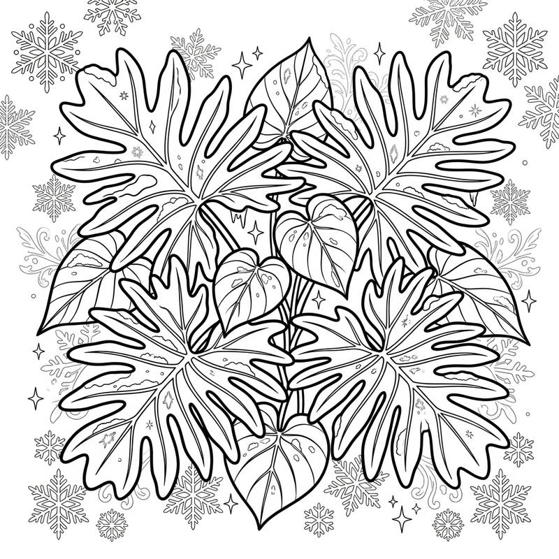 Unleash your creativity with this beautiful Philodendron leaf coloring page, adorned with a touch of winter magic. Discover intricate leaf patterns nestled among delicate snowflakes, ready for your colorful interpretation.
