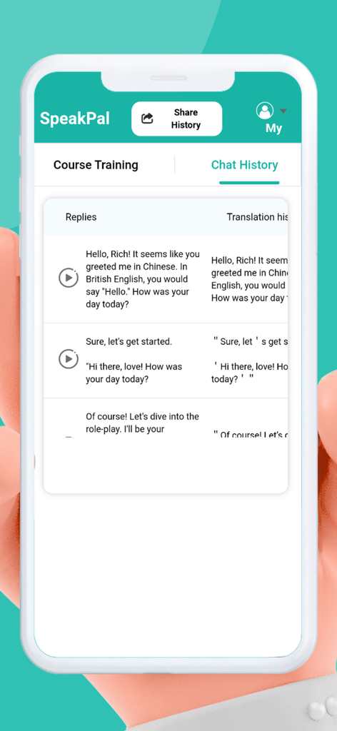 SpeakPal - Eine mobile Benutzeroberfläche der SpeakPal-App, die den Chatverlauf mit einem KI-Sprachlehrer mit Gesprächsprotokollen und Übersetzungen anzeigt