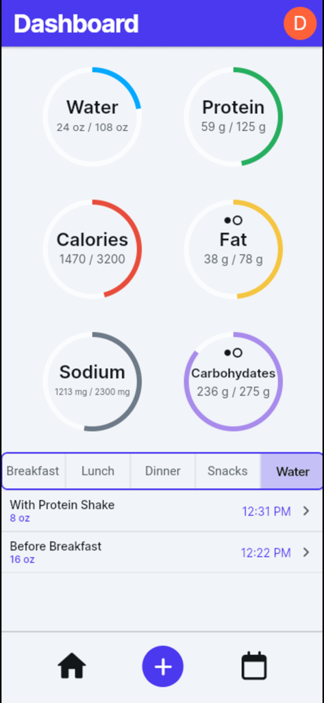 HydroMeal - Panel de la aplicación HydroMeal mostrando anillos de progreso para agua, proteínas, calorías y otros nutrientes.