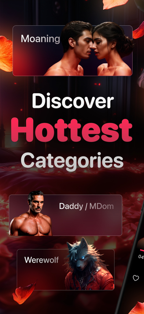 Audero - Erotic Audio Stories - Audero app screen displaying erotic audio story categories like moaning daddy and werewolf