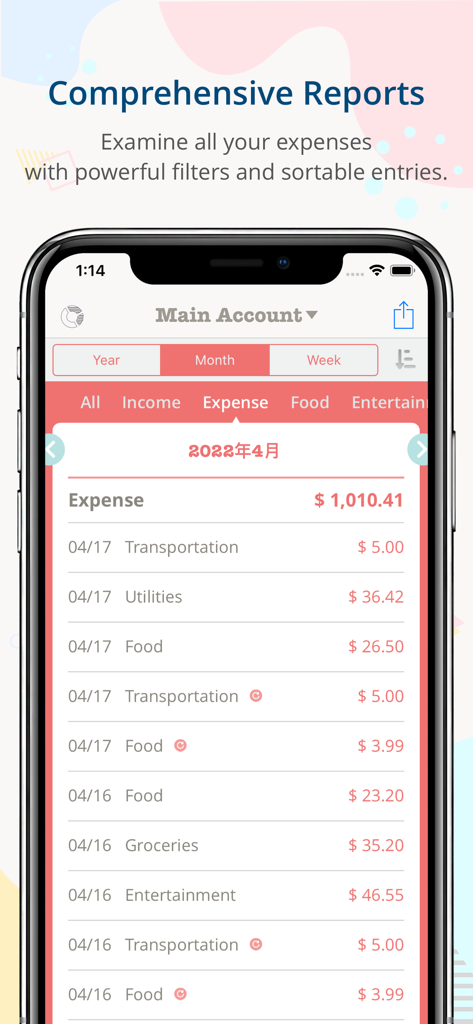 Detailed monthly expense list showing spending categories in the Monny app