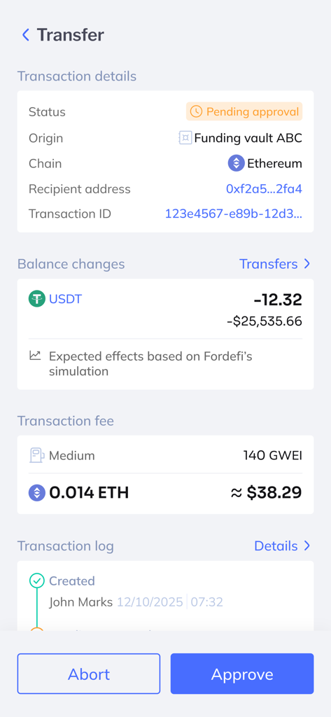 Fordefi app interface displaying a pending USDT transfer on Ethereum with options to approve or abort.