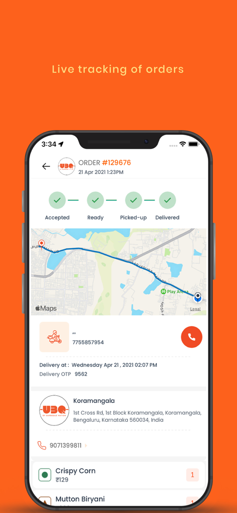 Barbeque-Nation - Mobile screen showing the Barbeque Nation app live order tracking feature with a map and delivery status timeline.
