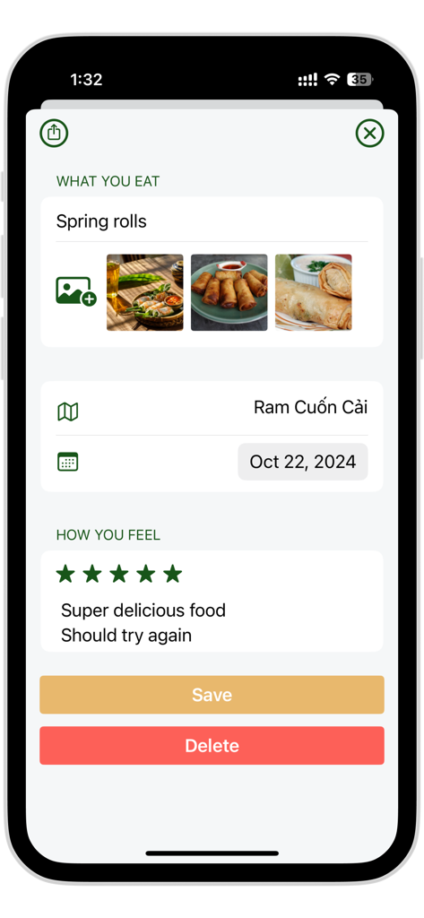 Food Lover Diary - Interfaz de la aplicación Food Lover Diary que muestra un registro de rollitos de primavera con fotos y una calificación de estrellas.