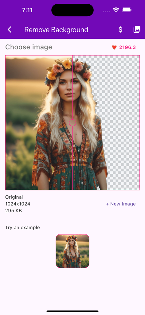 Imagine AI 앱의 스크린샷은 여성 초상화의 배경 제거 기능의 이전 및 이후 비교를 보여줍니다.