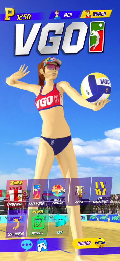 VGO2 - Main menu of VGO2 volleyball simulation mobile game featuring a 3D female beach volleyball player and game modes