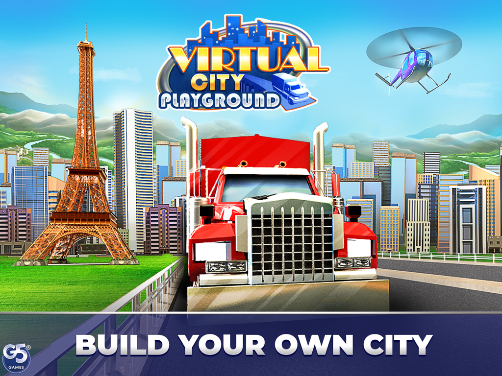 Virtual City Playground HD - Virtual City Playground HD game promotional art featuring a red semi-truck, the Eiffel Tower, and a modern city skyline.