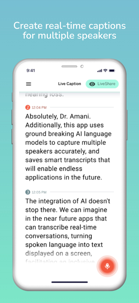Live Caption AI - A smartphone showing the Live Caption AI app interface with real-time text captions for multiple speakers.