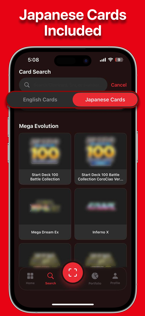 Search interface for Japanese Pokemon cards in the TCG Card Scanner app