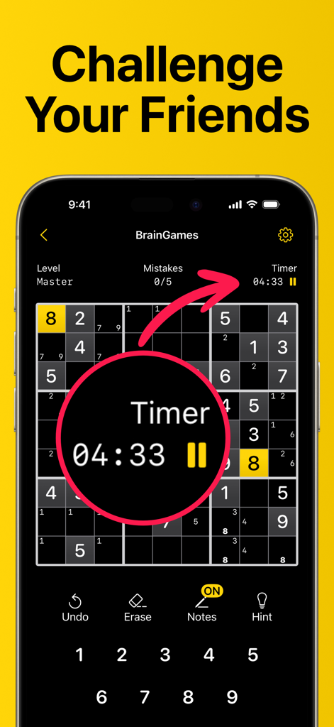 Sudoku Logic Puzzle BrainGames - Sudoku game interface showing a master level puzzle with a timer and a challenge your friends heading