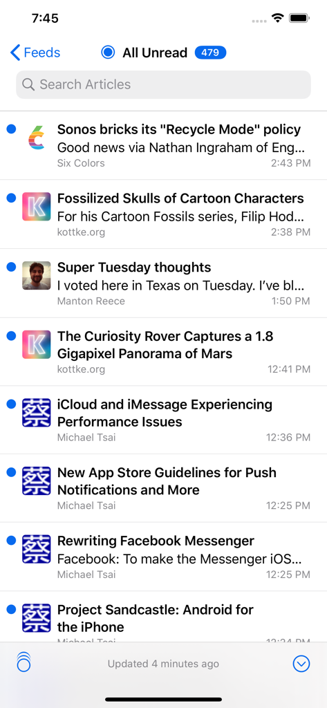 A list of unread news articles from various blogs in the NetNewsWire RSS reader app.