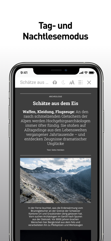 Smartphone screen showing the GEO Digital Magazin app in night mode with a feature article about mountain archaeology