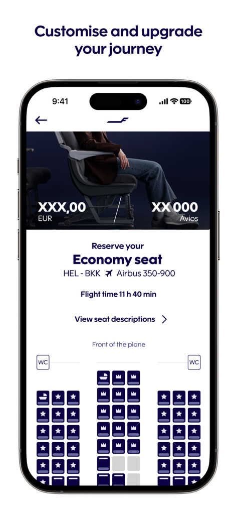 Interfaz de la app Finnair que muestra un mapa de asientos interactivo para mejoras de asientos en clase económica