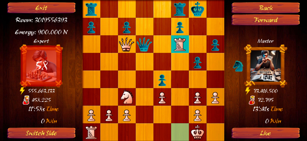 Una partida de ajedrez en vivo entre dos jugadores en la aplicación móvil Ajedrez Online.